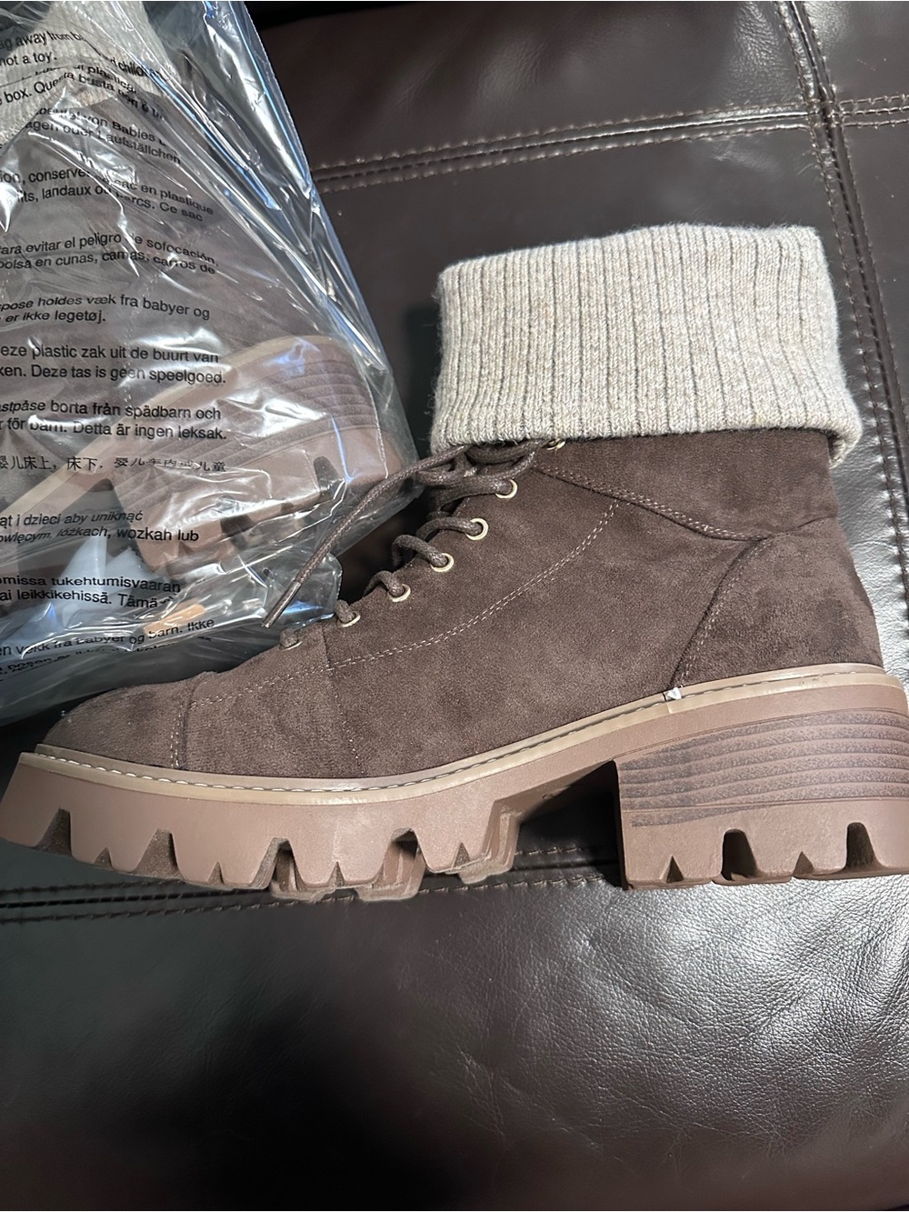 JustFab Brown Suede Lace-Up Lug Boots with Knit Cuff